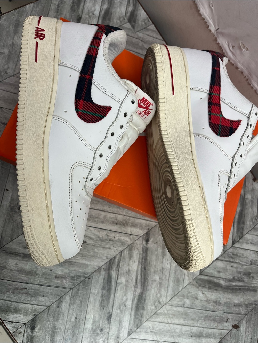 Nike Air Force 1 Low — White with Red and Black Plaid Swoosh